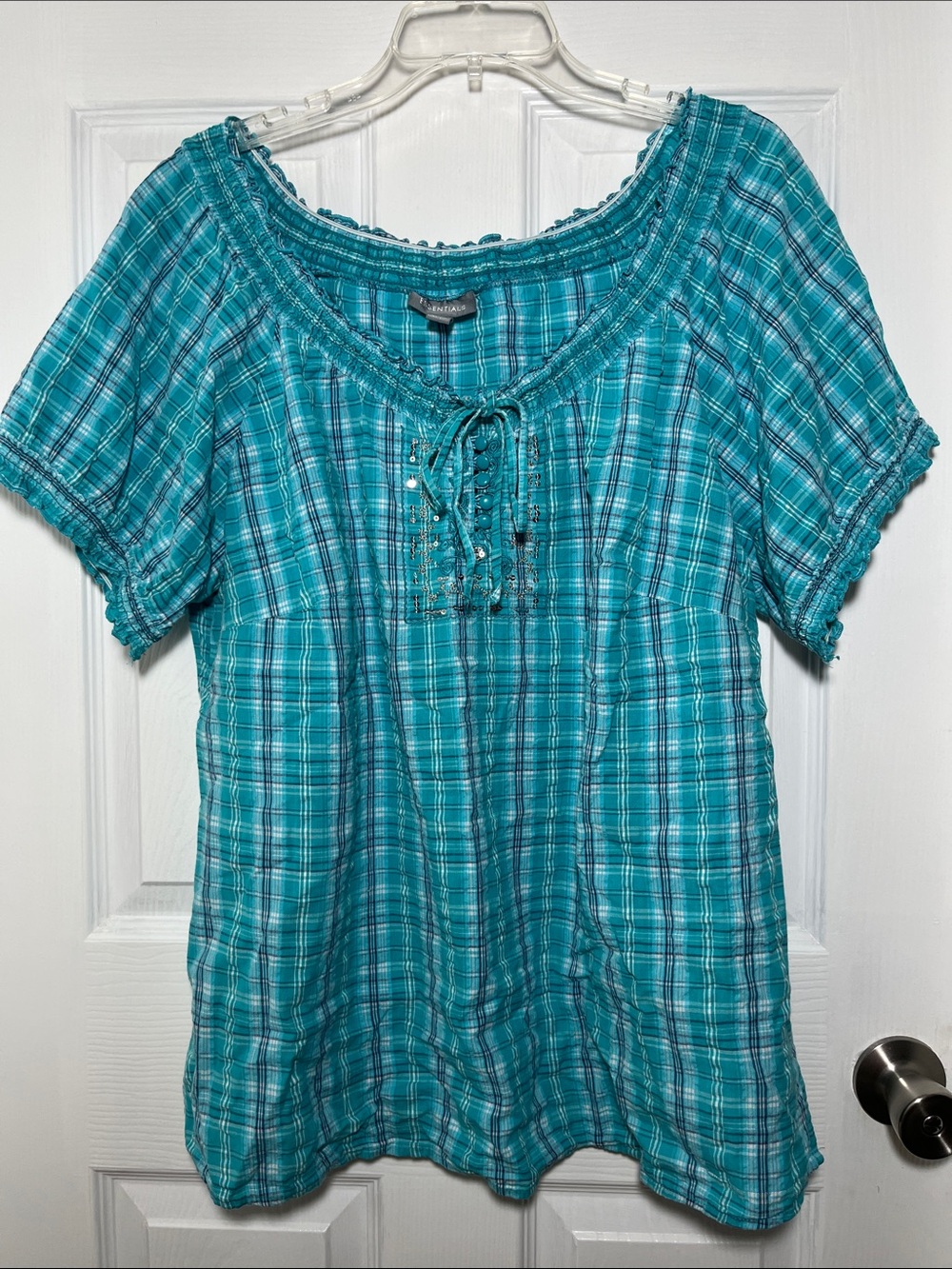 Essentials Turquoise Plaid Peasant Top